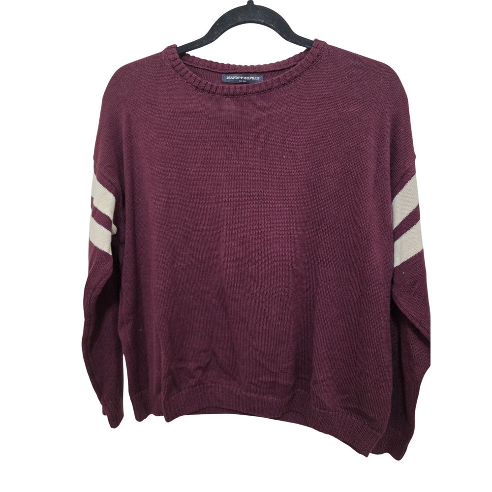 Brandy Melville Knit Maroon Crewneck Sweater White Stripes On Sleeves Size M Mad